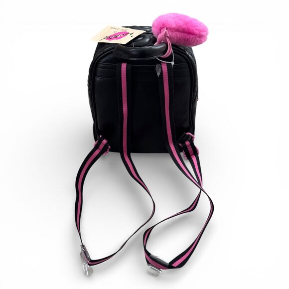 Luv Betsey LB102550 Black Quilted Mini Backpack 10” x 8” Pink Pom Faux Leather